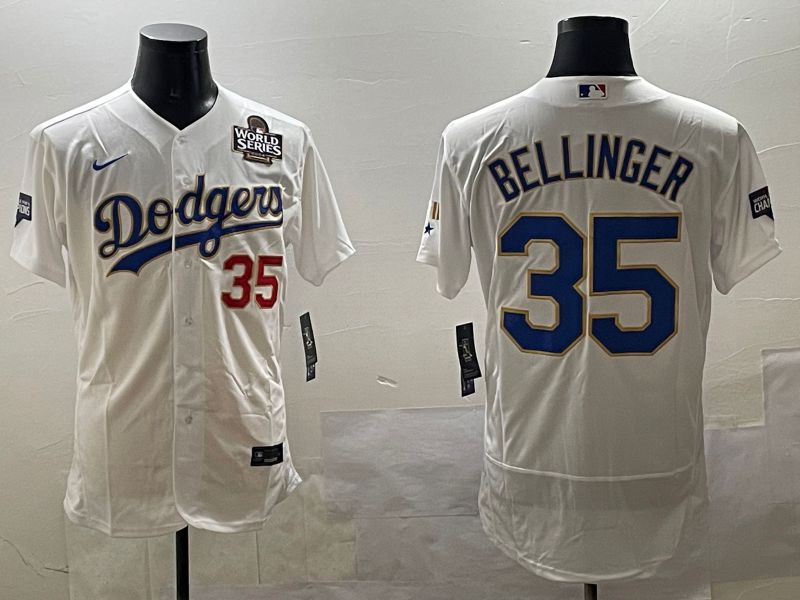 Men Los Angeles Dodgers 35 Bellinger White Gold Elite 2025 Nike MLB Jersey style 7